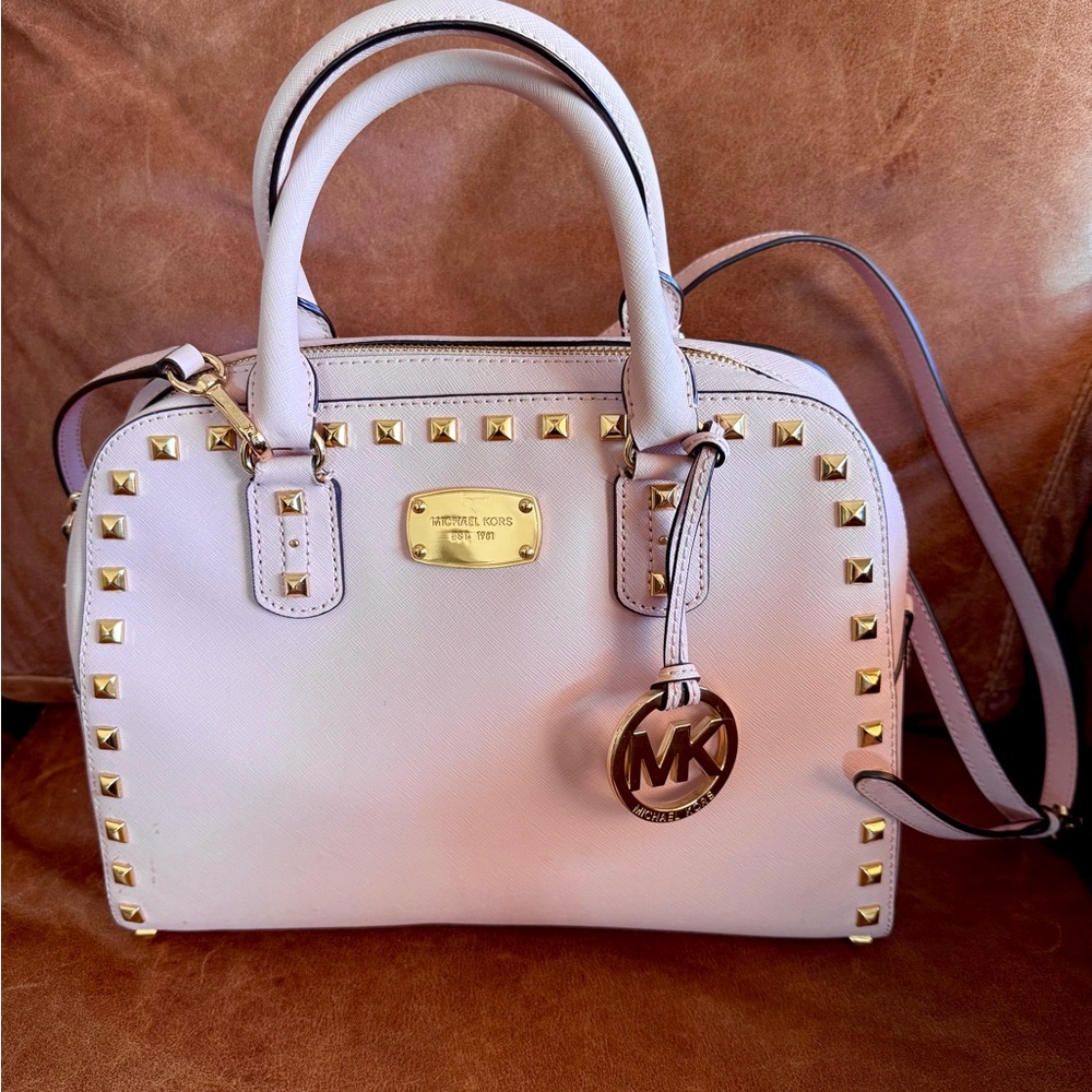 Michael Kors Pale Pink Saffiano Satchel with Gold Studs Like New!